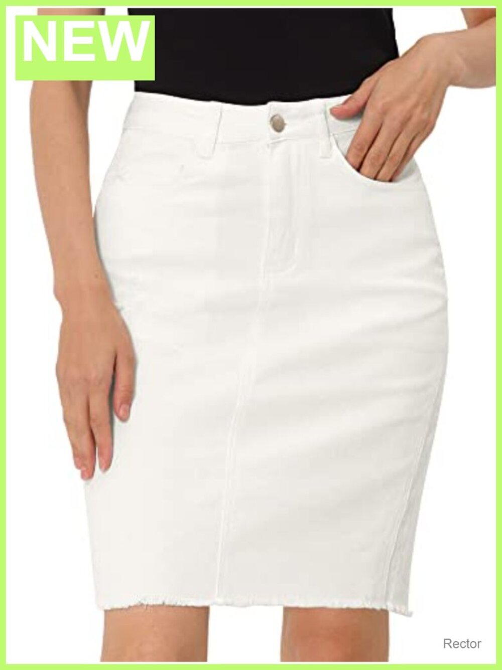 High Waist Distressed Denim Skirt Cotton Blend Knee Length Raw Hem